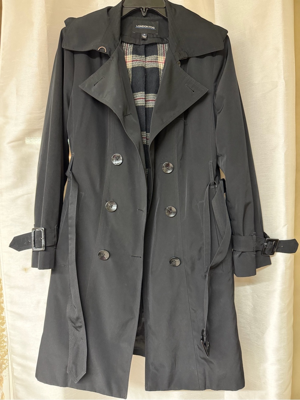 London Fog Black Double-Breasted Trench with Plaid Lining